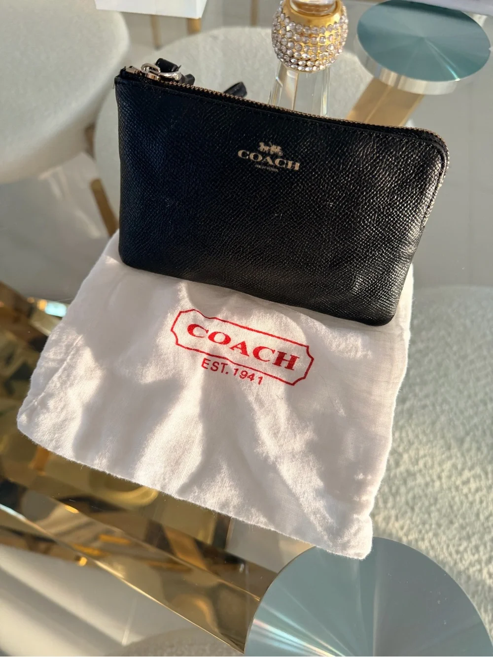 Coach Black Leather Wristlet with Gold Logo